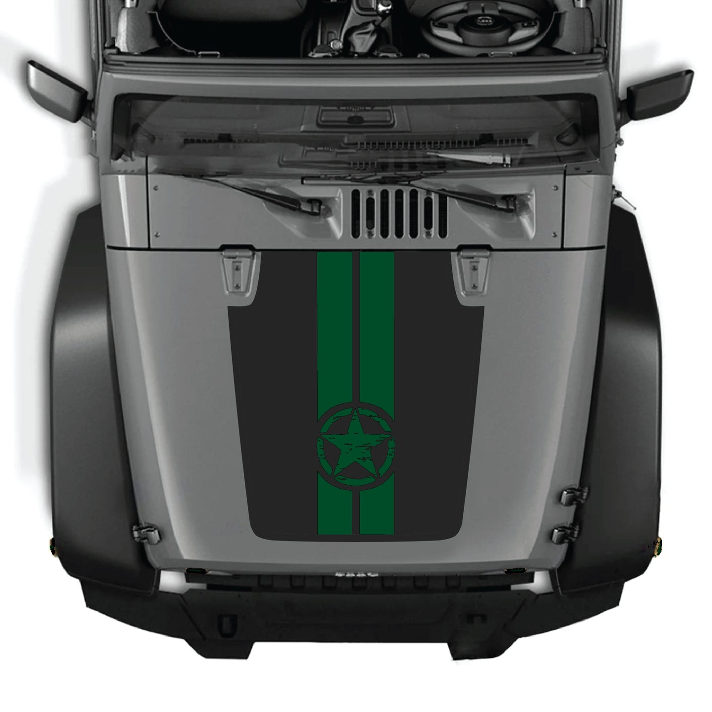 Jeep Wrangler JK hood decal with star and stripes graphic kit, premium vinyl CarCode hood panel sticker for 2007-2018 models.