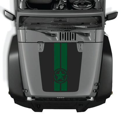 Jeep Wrangler JK hood decal with star and stripes graphic kit, premium vinyl CarCode hood panel sticker for 2007-2018 models.