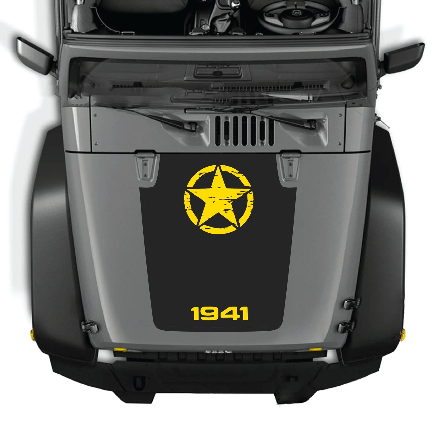 Jeep Wrangler JK hood decal featuring a 1941 star graphic, premium vinyl CarCode hood panel sticker on a black vehicle.