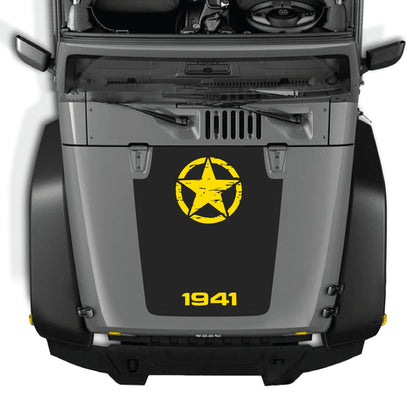 Jeep Wrangler JK hood decal featuring a 1941 star graphic, premium vinyl CarCode hood panel sticker on a black vehicle.