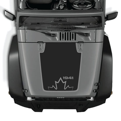 Canada 1941 hood decal with border graphic kit on a Jeep Wrangler JK JKU, made of premium vinyl by CarCode.