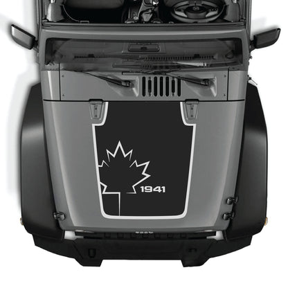 Canada leaf hood decal with border graphic kit on Jeep Wrangler JK JKU, made of premium vinyl, suitable for 2007-2018 models.