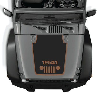 Jeep Wrangler JK hood decal featuring 1941 grill with border design in black and white, made from premium vinyl by CarCode.