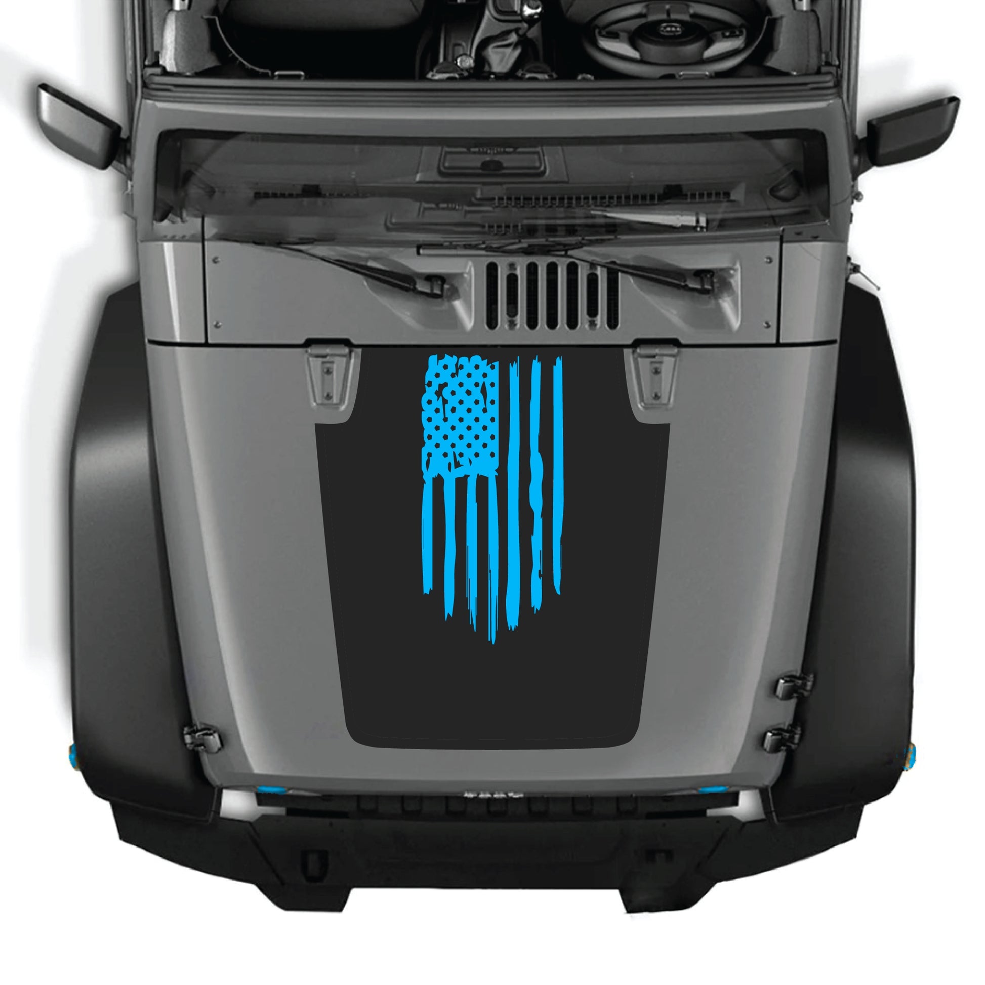 Jeep Wrangler JK hood with CarCode American flag decal made of premium vinyl, featuring bold red, white, and blue flag graphics.