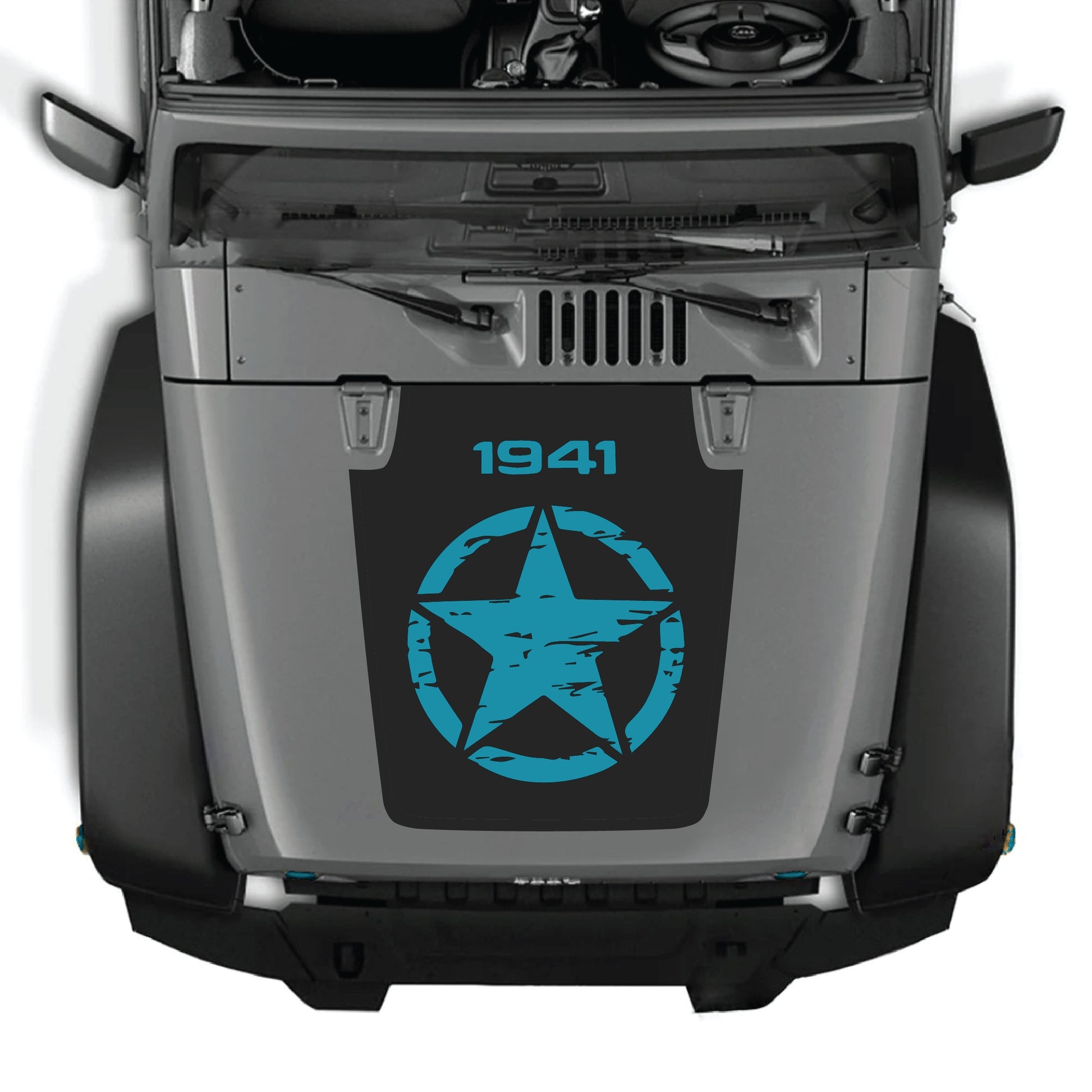 Jeep Wrangler JK full hood decal with a star graphic, CarCode vinyl sticker kit for 2007-2018 models, durable and easy to apply