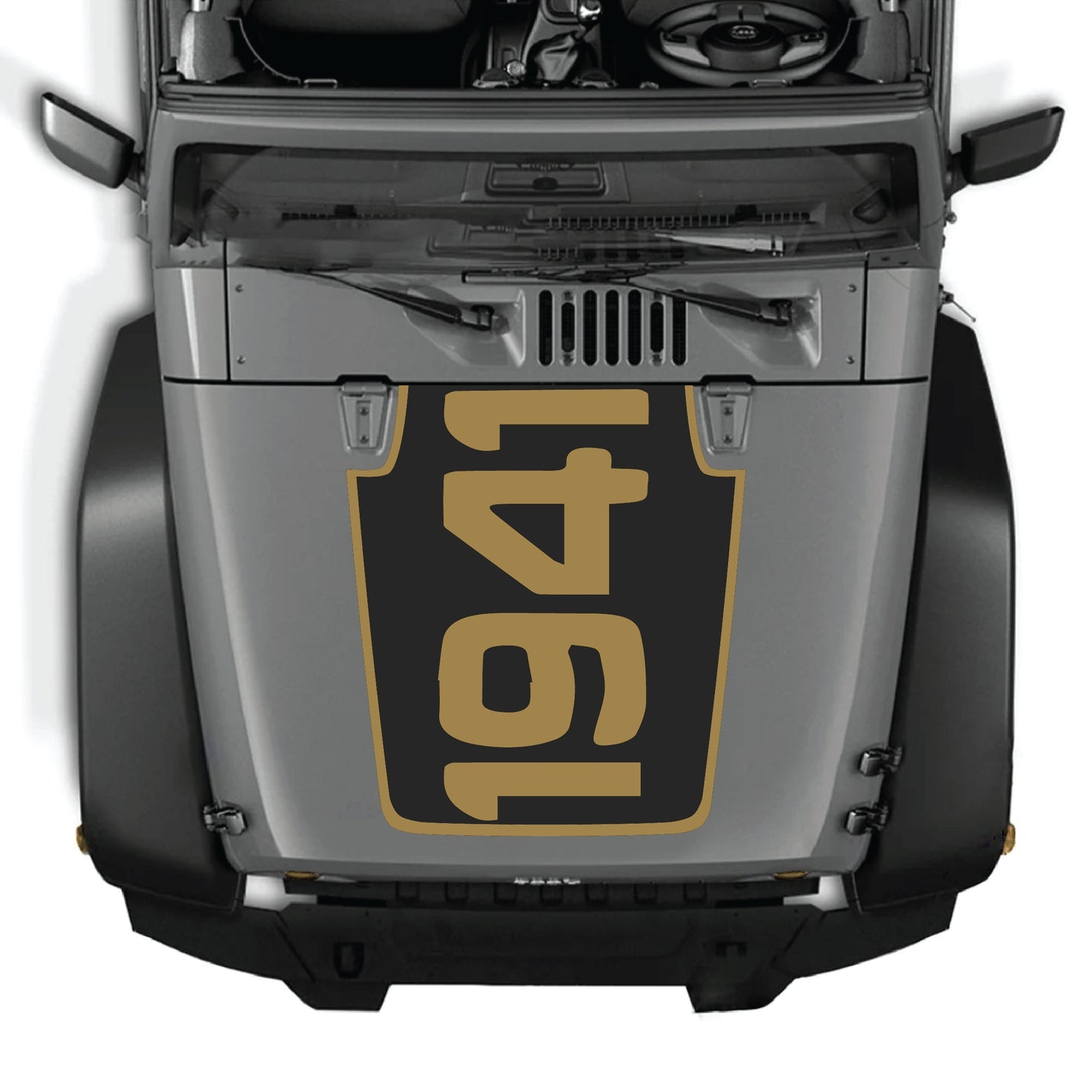Jeep Wrangler JK JKU hood decal with 1941 border graphic kit in black premium vinyl, featuring bold vintage style design.