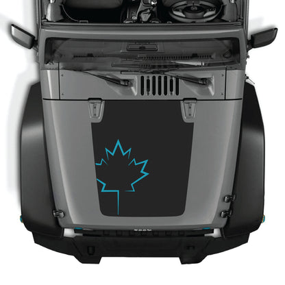 CarCode Jeep Wrangler hood decal with Canadian leaf graphic in premium vinyl, designed for JK JKU 2007-2018 models.