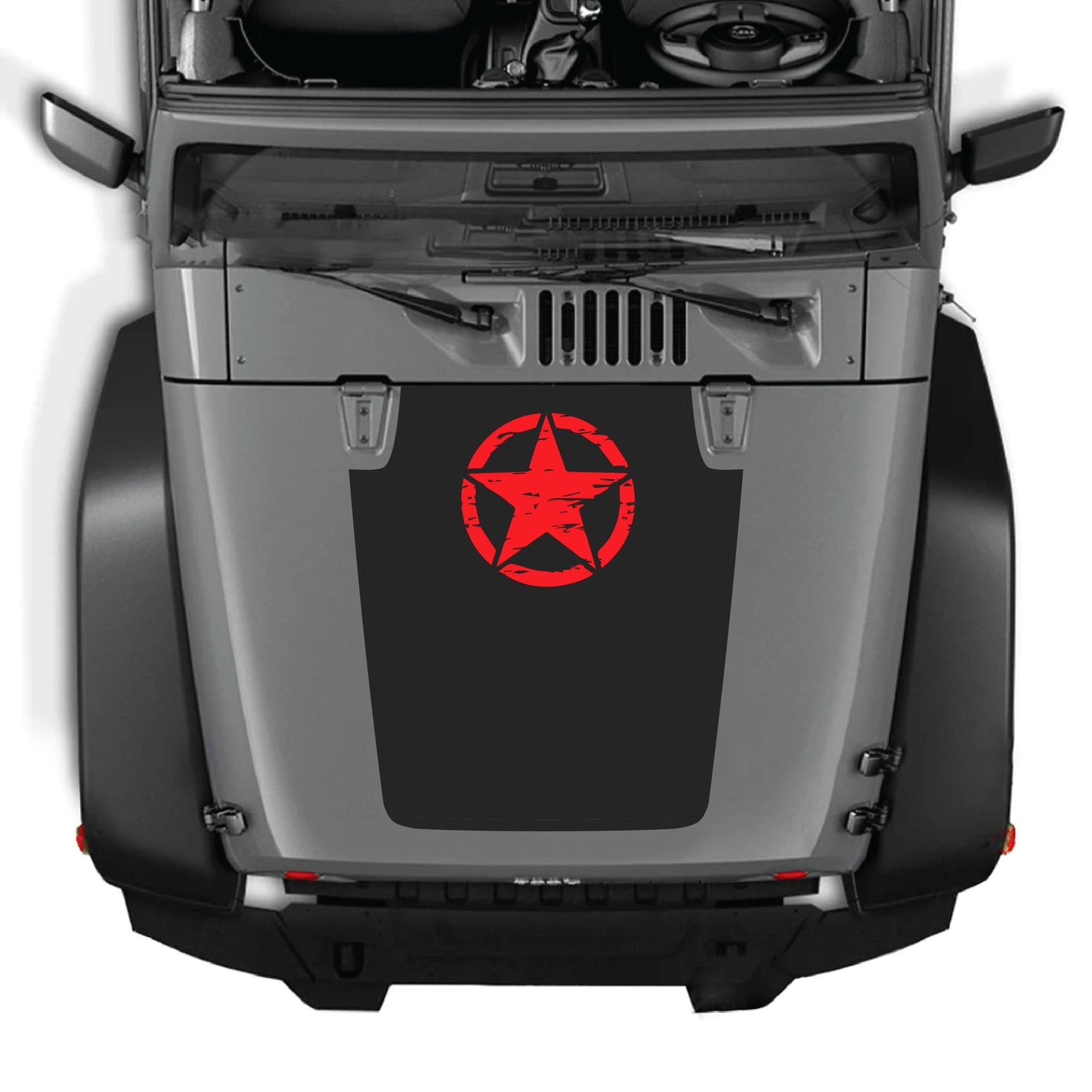 Jeep Wrangler JK JKU hood decal with top star graphic from CarCode, made of premium vinyl, designed for 2007-2018 models