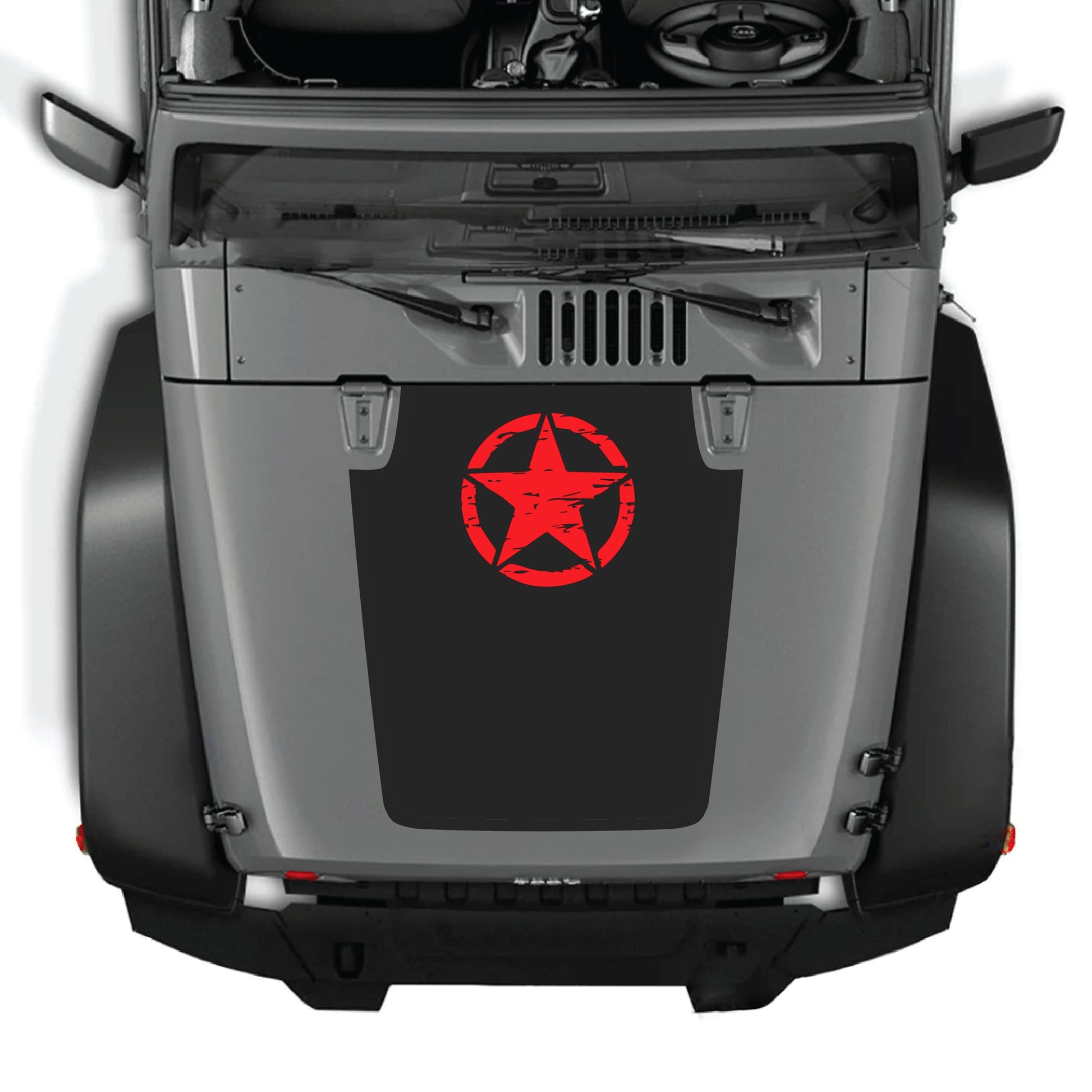 Jeep Wrangler JK JKU hood decal with top star graphic from CarCode, made of premium vinyl, designed for 2007-2018 models