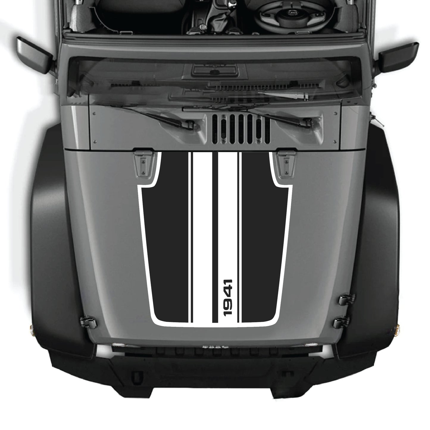 Jeep Wrangler JK hood decal with 1941 stripes and border graphic, made of premium vinyl by CarCode, for 2007-2018 models
