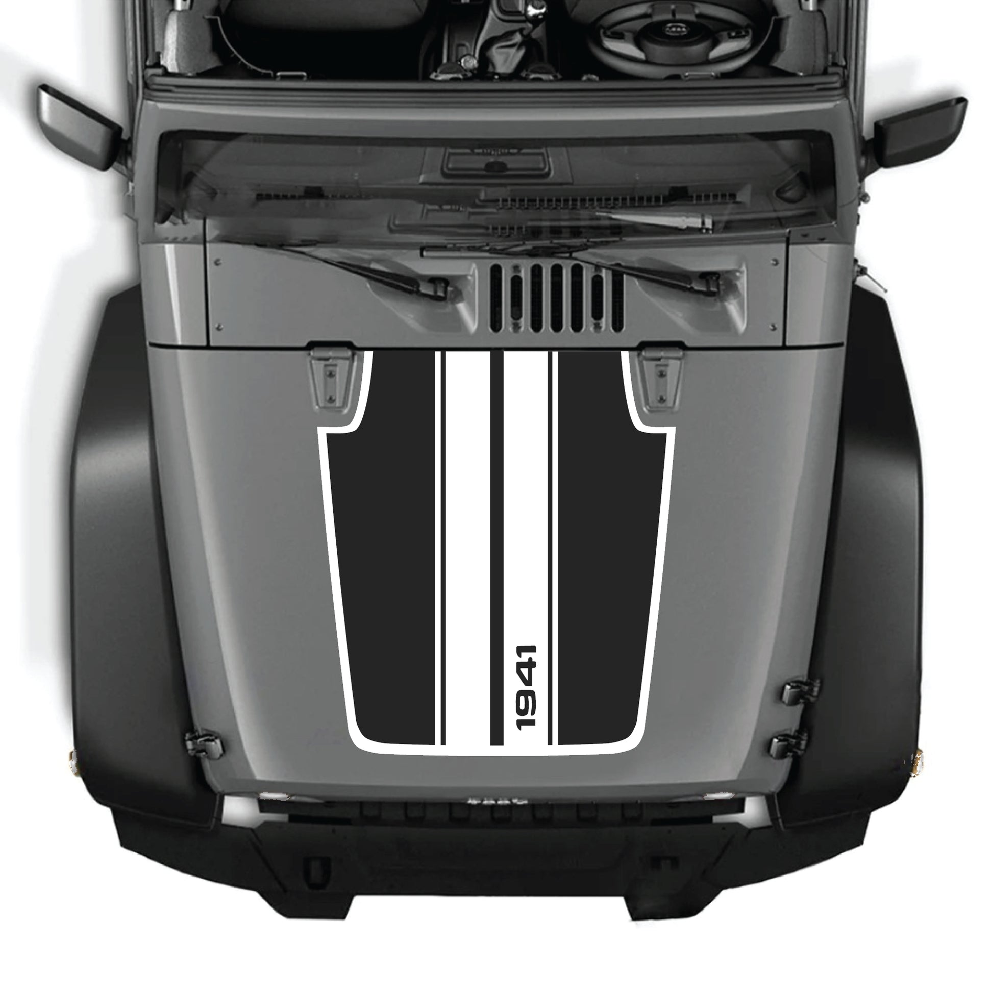 Jeep Wrangler JK hood decal with 1941 stripes and border graphic, made of premium vinyl by CarCode, for 2007-2018 models