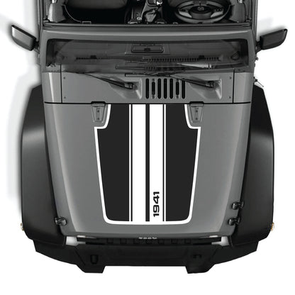 Jeep Wrangler JK hood decal with 1941 stripes and border graphic, made of premium vinyl by CarCode, for 2007-2018 models