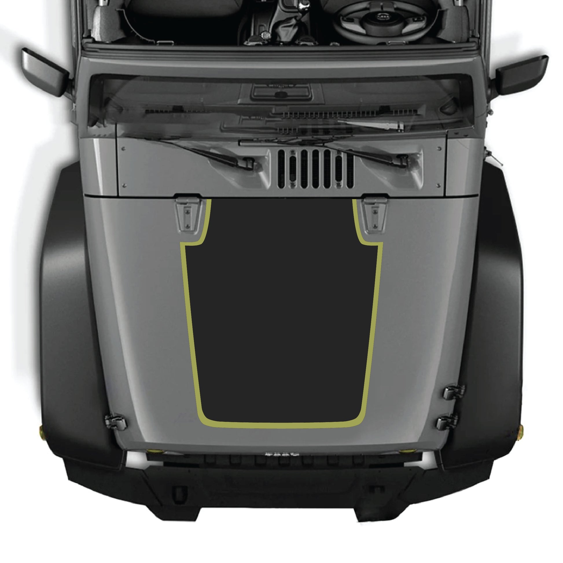 Solid black Jeep Wrangler hood decal with border graphic kit by CarCode, made from premium vinyl for JK JKU models 2007-2018.