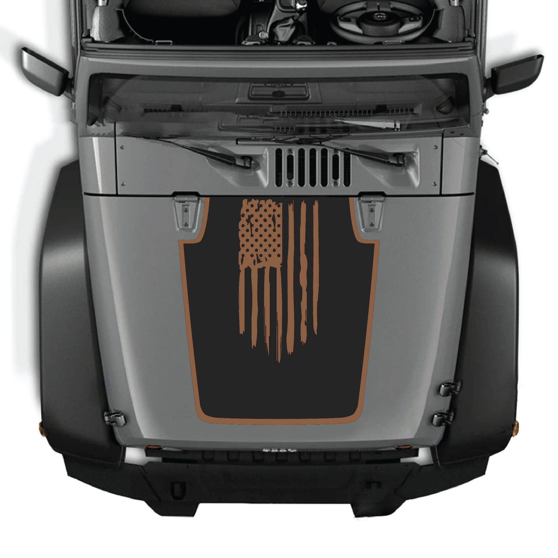 Jeep Wrangler JK hood decal featuring an American flag with border in premium vinyl, designed by CarCode for 2007-2018 models.