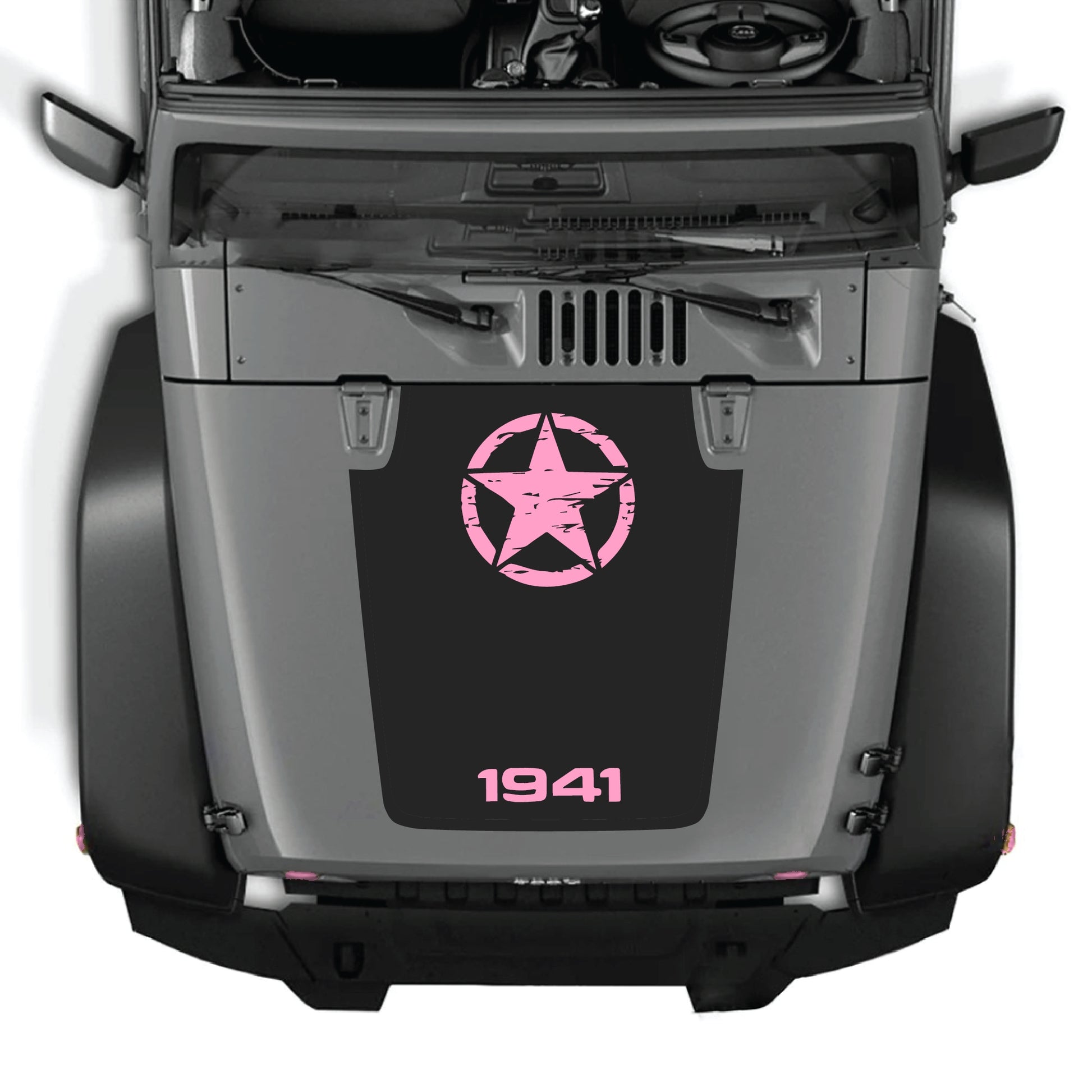 CarCode 1941 star hood decal sticker on Jeep Wrangler JK JKU, made with premium vinyl for a bold, custom look.
