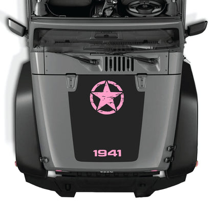 CarCode 1941 star hood decal sticker on Jeep Wrangler JK JKU, made with premium vinyl for a bold, custom look.