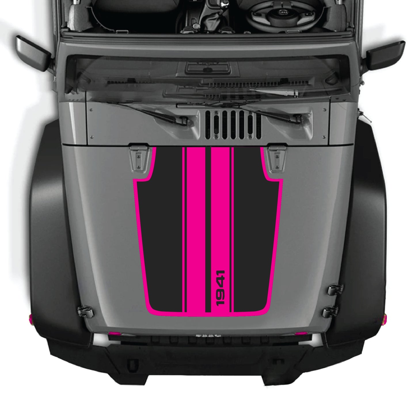 Jeep Wrangler JK hood decal with 1941 stripes and border graphic kit in premium vinyl by CarCode, designed for 2007-2018 models.