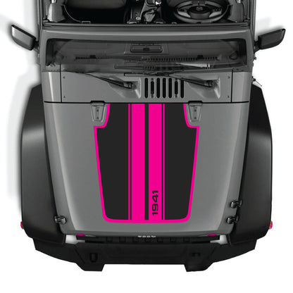 Jeep Wrangler JK hood decal with 1941 stripes and border graphic kit in premium vinyl by CarCode, designed for 2007-2018 models.