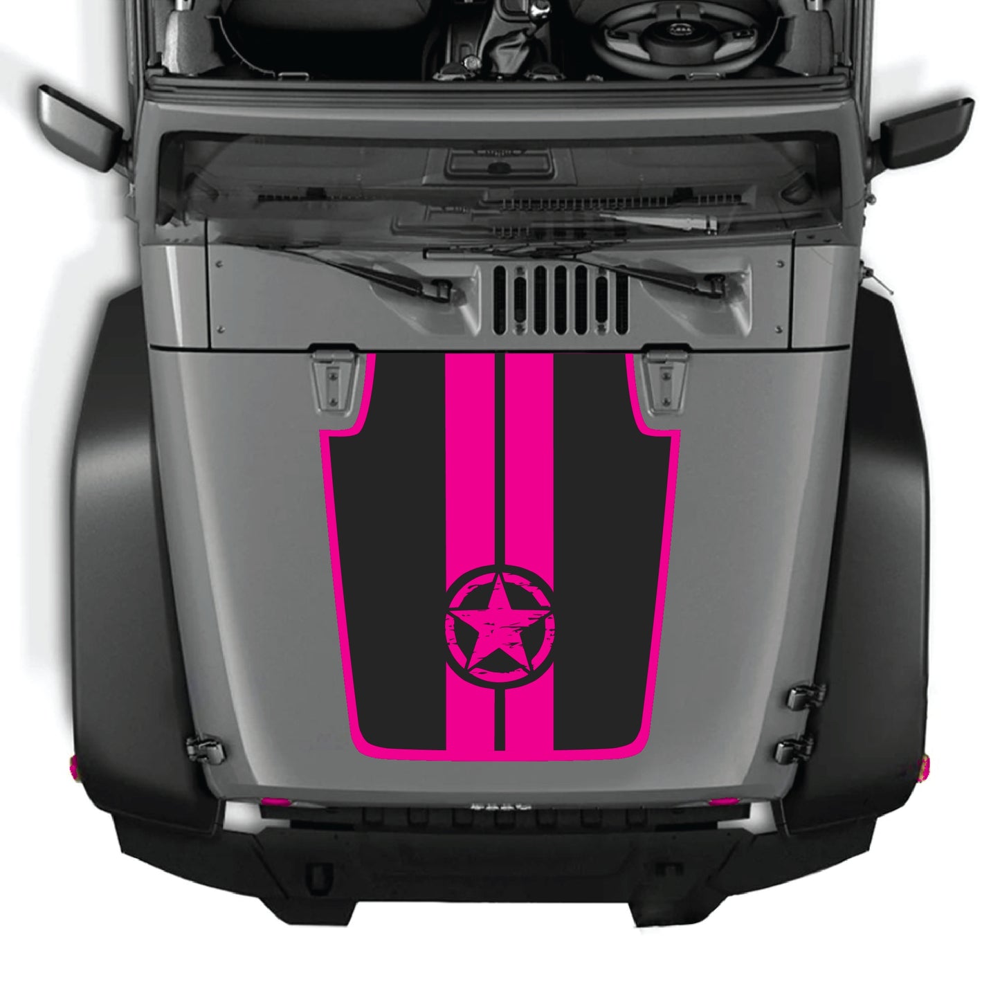 Jeep Wrangler JK JKU hood decal with star and stripes border design, premium vinyl sticker by CarCode, for 2007-2018 models.