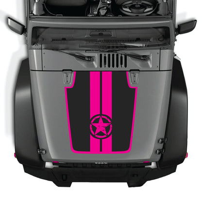 Jeep Wrangler JK JKU hood decal with star and stripes border design, premium vinyl sticker by CarCode, for 2007-2018 models.