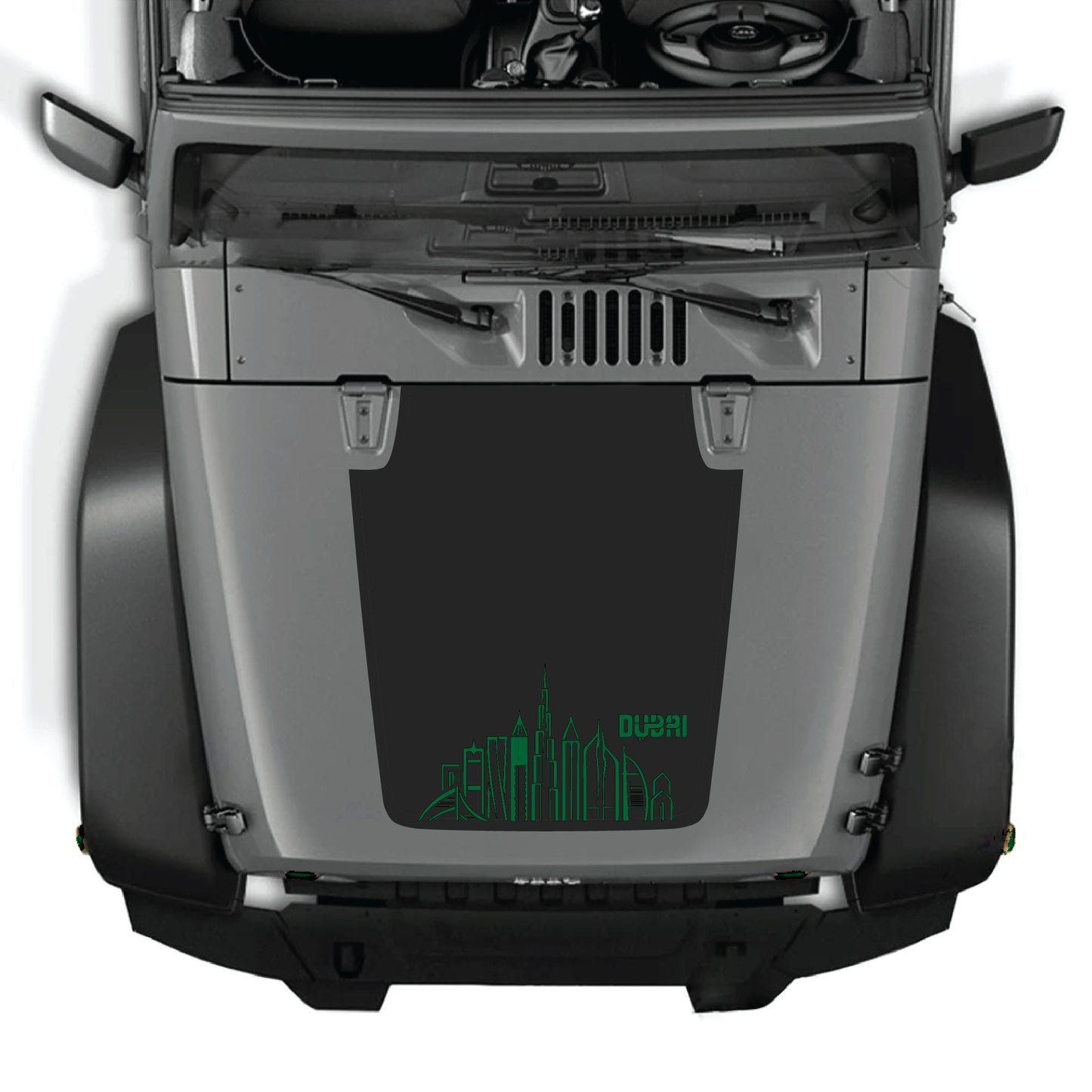 Dubai-themed hood decal graphic kit on a Jeep Wrangler JK JKU, made of premium vinyl by CarCode.