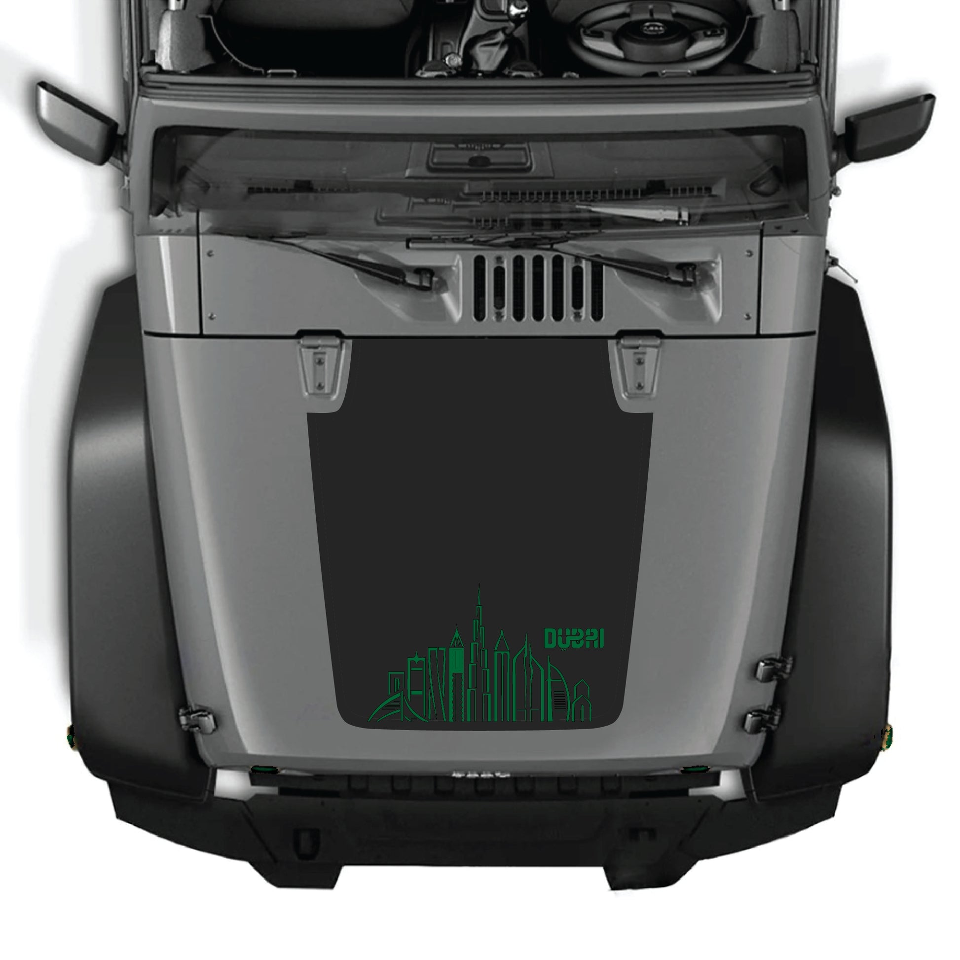 Dubai-themed hood decal graphic kit on a Jeep Wrangler JK JKU, made of premium vinyl by CarCode.