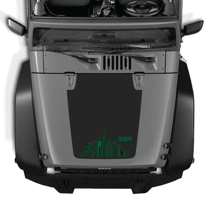 Dubai-themed hood decal graphic kit on a Jeep Wrangler JK JKU, made of premium vinyl by CarCode.