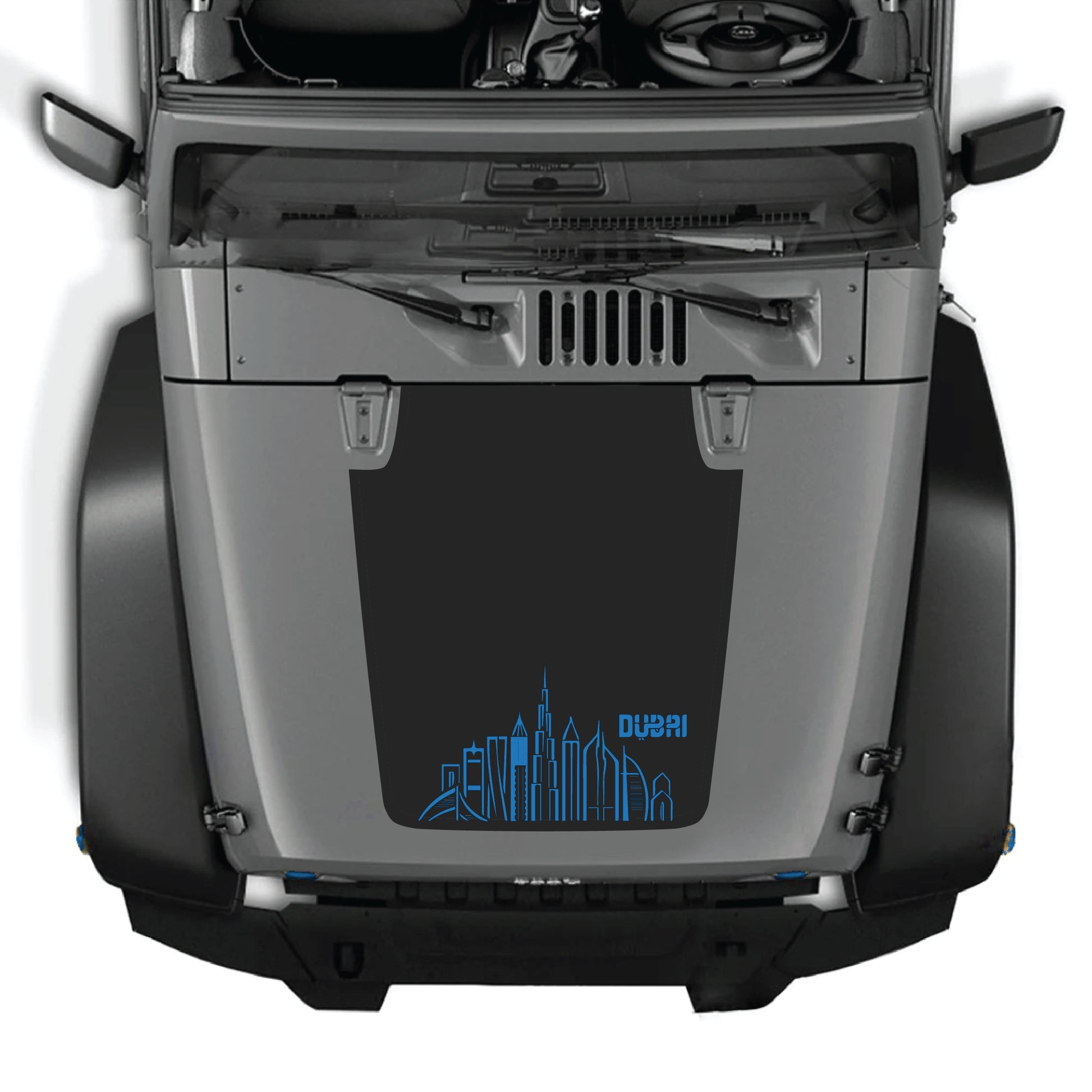 Dubai decal graphic kit for Jeep Wrangler JK JKU hood, made of premium vinyl with bold, colorful Dubai skyline design by CarCode.