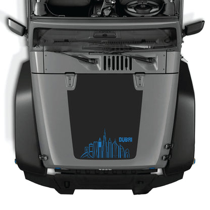 Dubai decal graphic kit for Jeep Wrangler JK JKU hood, made of premium vinyl with bold, colorful Dubai skyline design by CarCode.