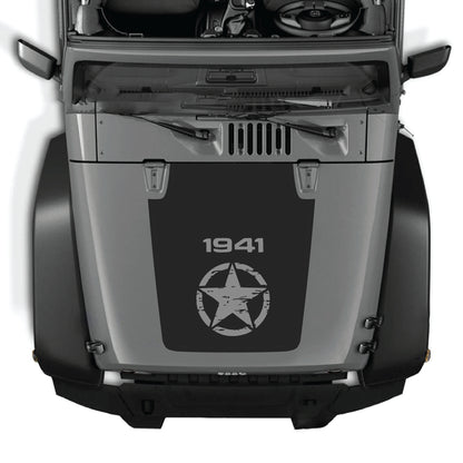 Jeep Wrangler JK JKU hood decal with a center star graphic in black premium vinyl by CarCode, designed for 2007-2018 models.