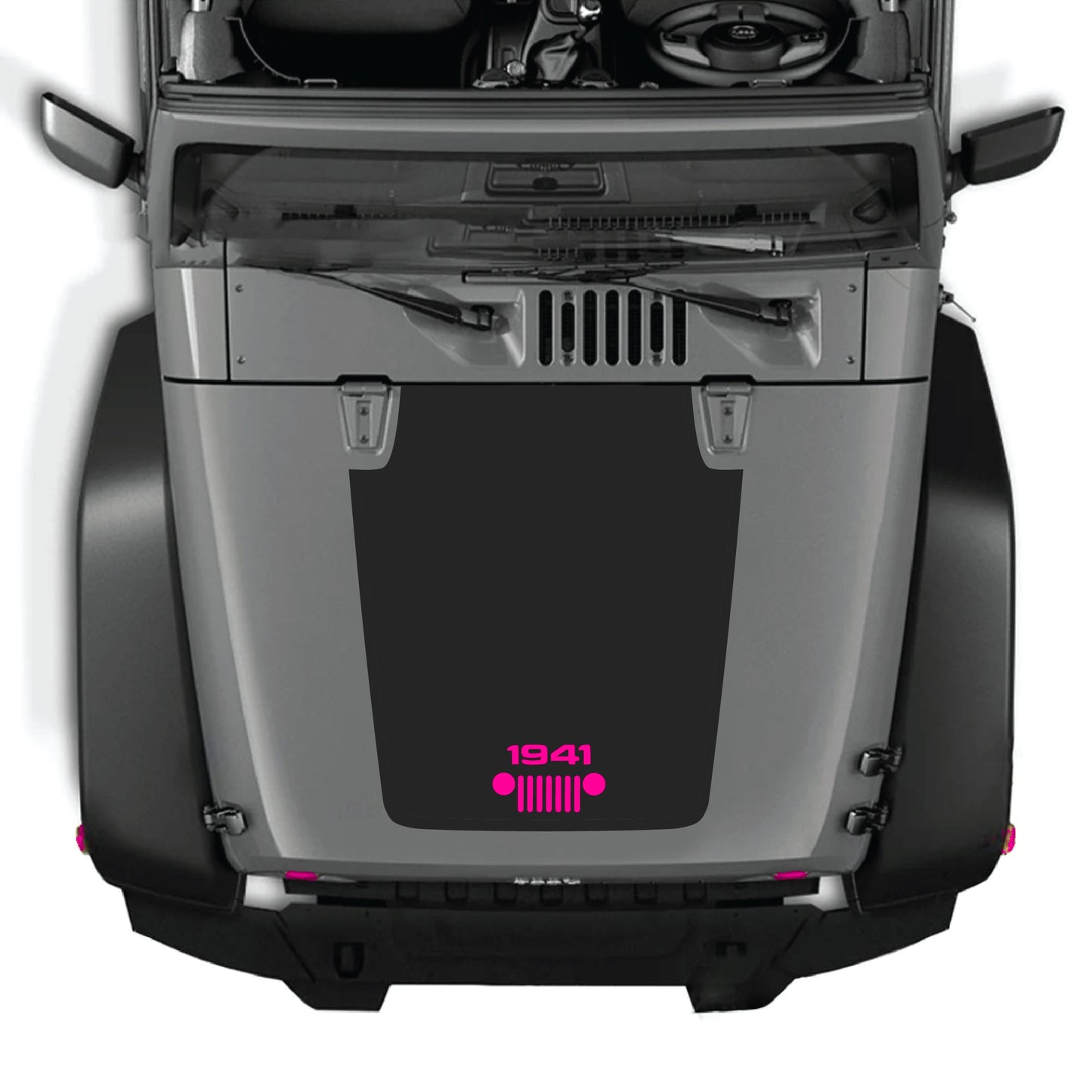 Jeep Wrangler JK JKU hood decal with 1941 grill graphic, premium vinyl CarCode sticker on black hood surface.