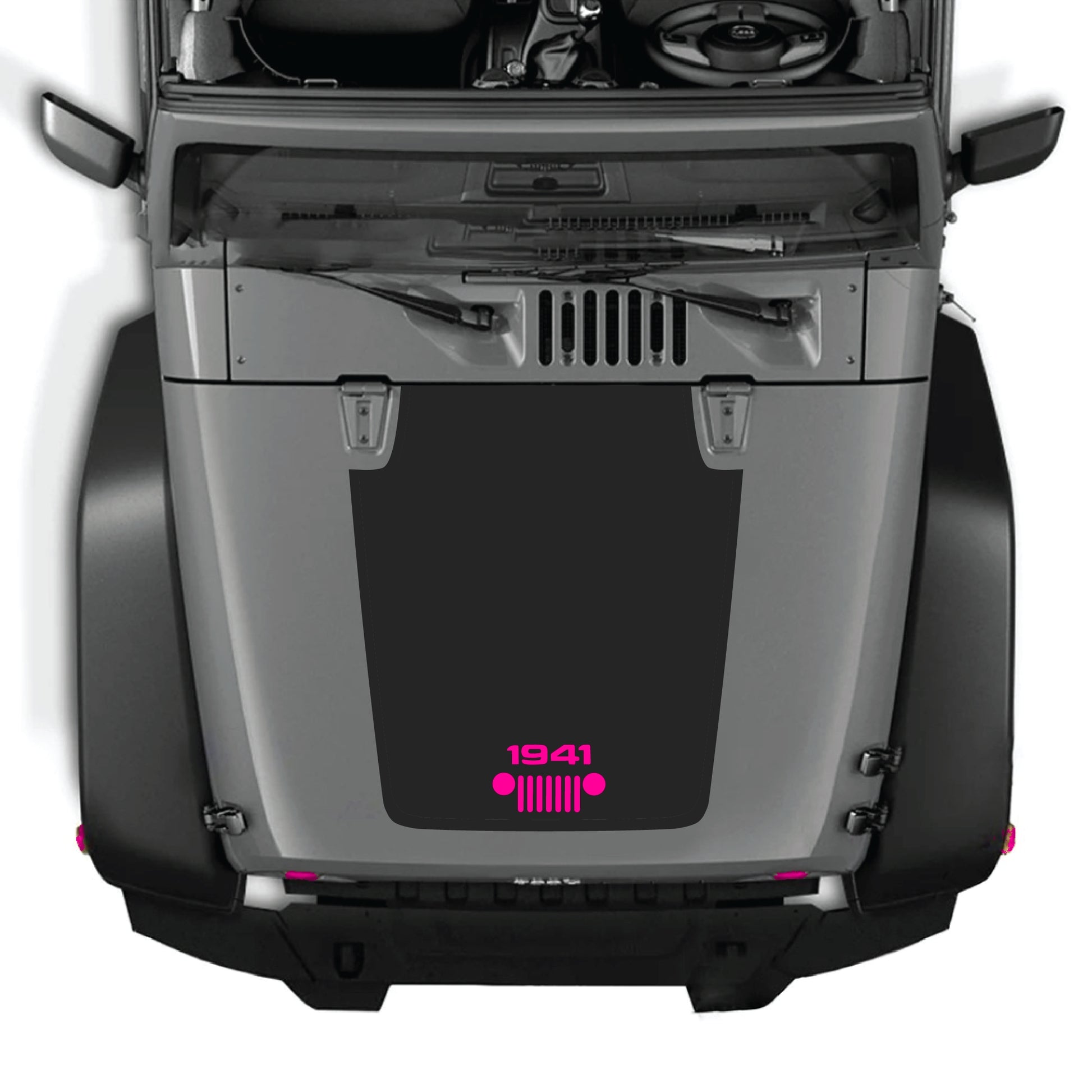 Jeep Wrangler JK JKU hood decal with 1941 grill graphic, premium vinyl CarCode sticker on black hood surface.