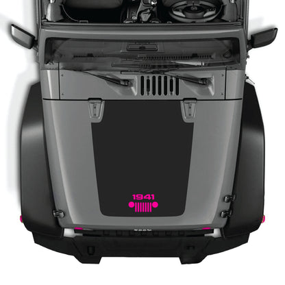 Jeep Wrangler JK JKU hood decal with 1941 grill graphic, premium vinyl CarCode sticker on black hood surface.