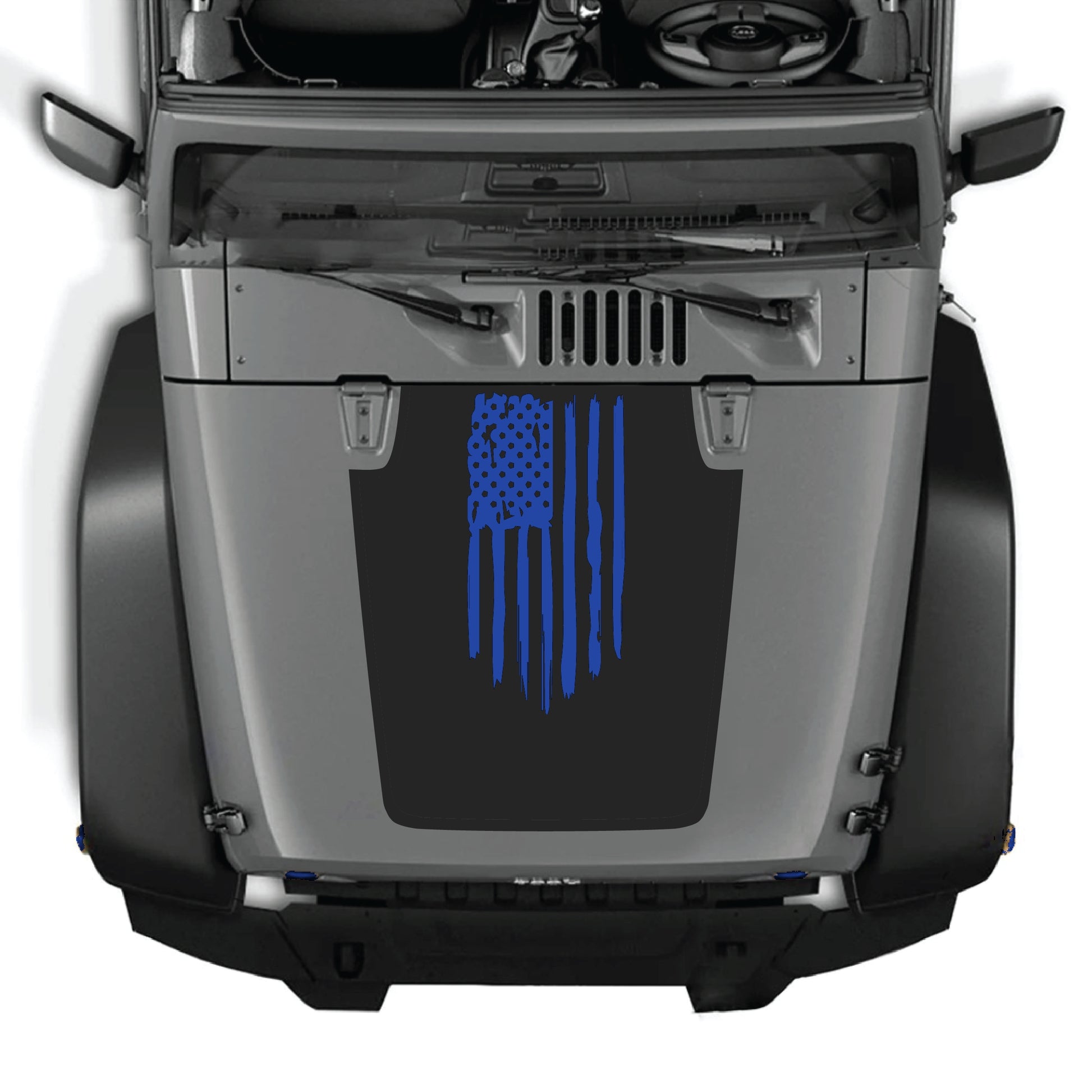 CarCode Jeep Wrangler JK/JKU hood decal featuring an American flag graphic made of premium vinyl for 2007-2018 models.