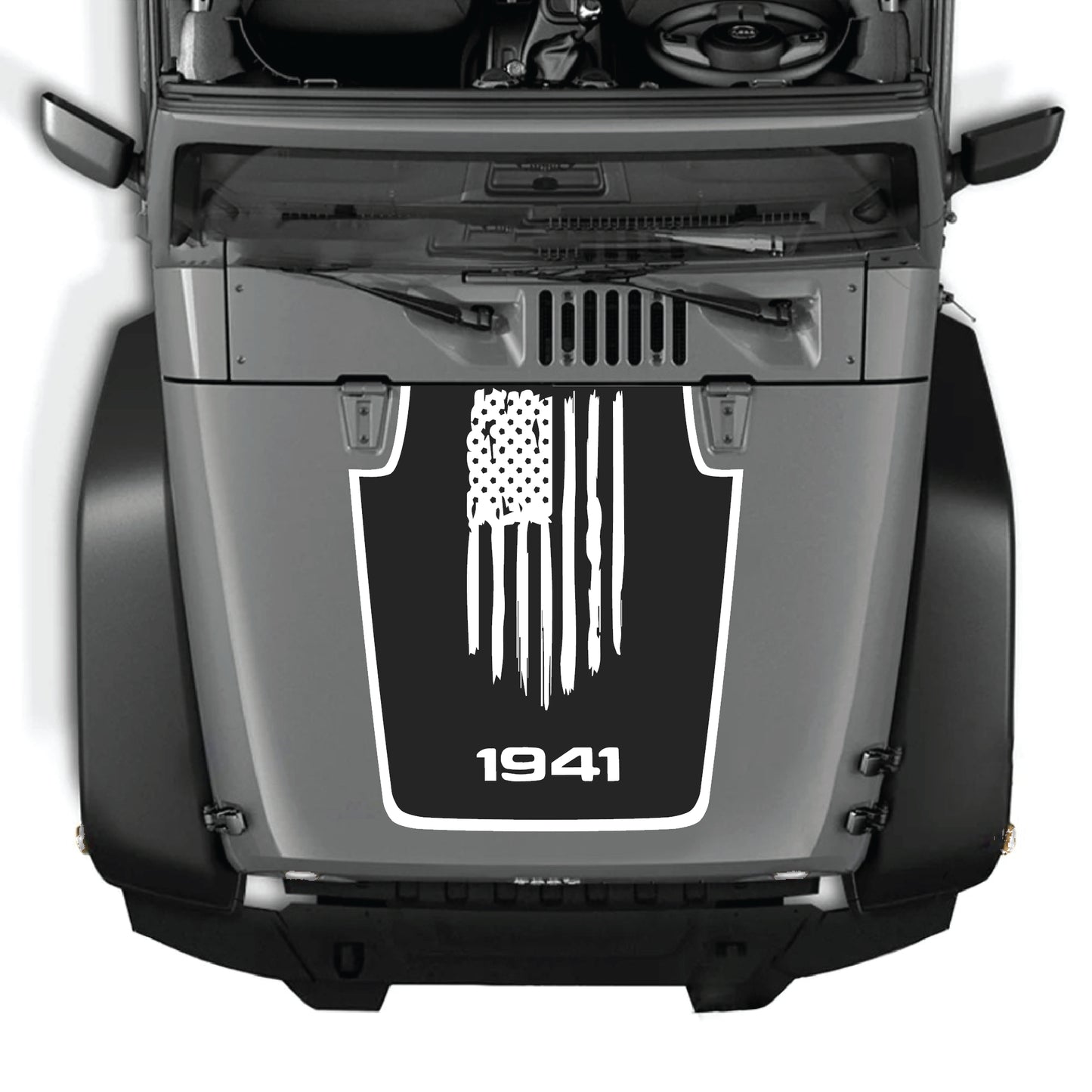 Jeep Wrangler with CarCode America Flag 1941 hood decal, premium vinyl sticker with border design on black vehicle.