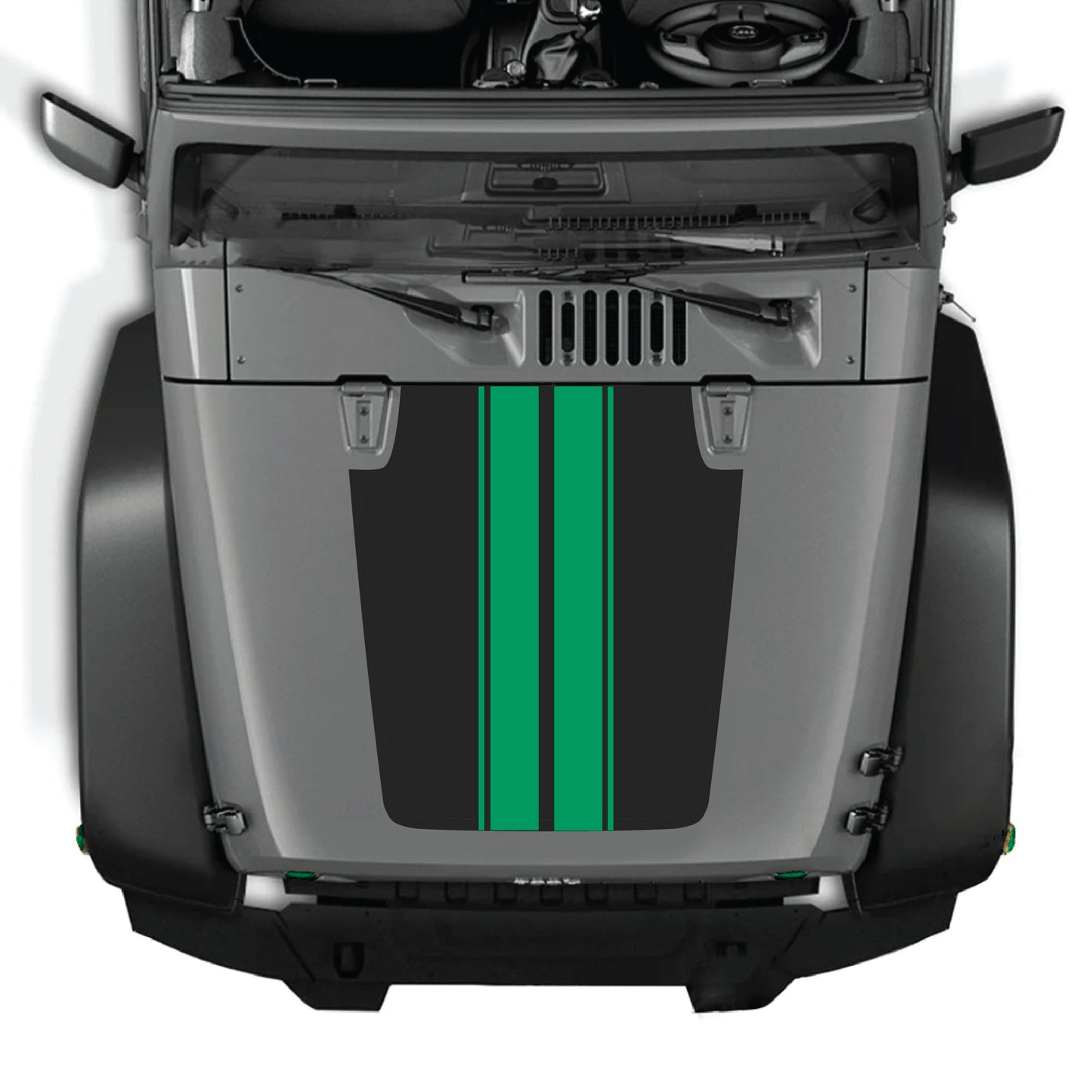 Jeep Wrangler JK hood decal with black and gray stripe graphic, CarCode premium vinyl sticker for 2007-2018 models.