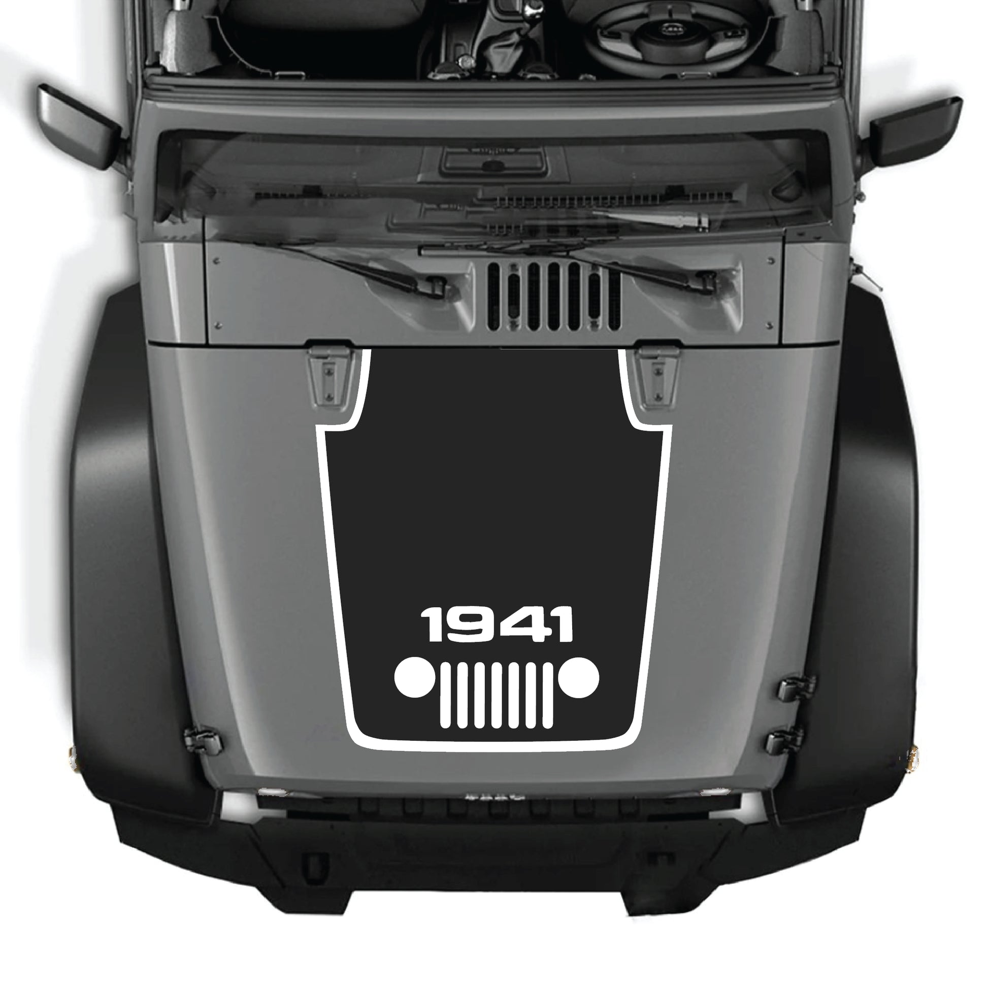 Jeep Wrangler JK JKU hood decal by CarCode featuring a 1941 grill center graphic with border, made of premium vinyl.