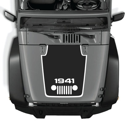 Jeep Wrangler JK JKU hood decal by CarCode featuring a 1941 grill center graphic with border, made of premium vinyl.