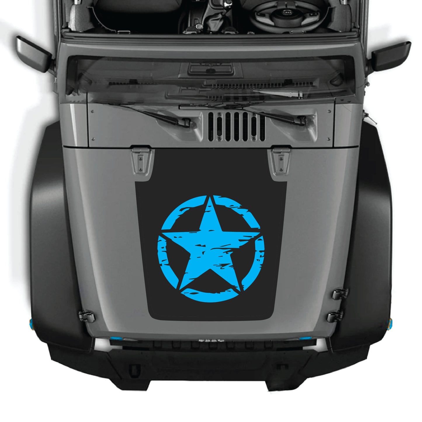 Full star hood decal graphic kit on Jeep Wrangler JK JKU, made of premium vinyl, designed for 2007-2018 models by CarCode.