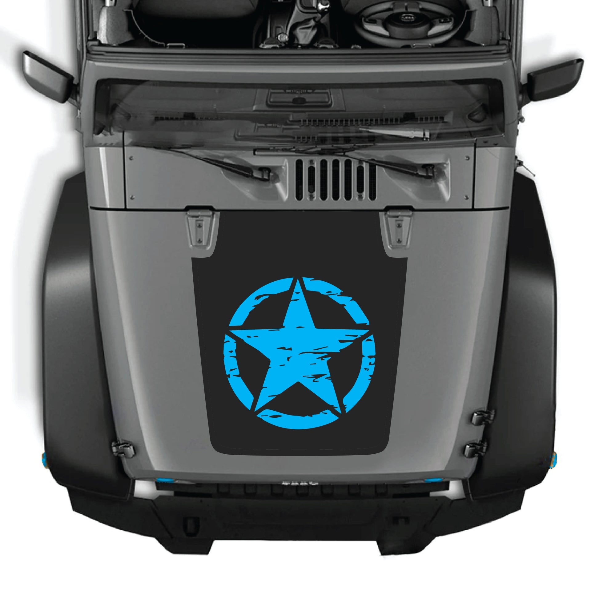Full star hood decal graphic kit on Jeep Wrangler JK JKU, made of premium vinyl, designed for 2007-2018 models by CarCode.