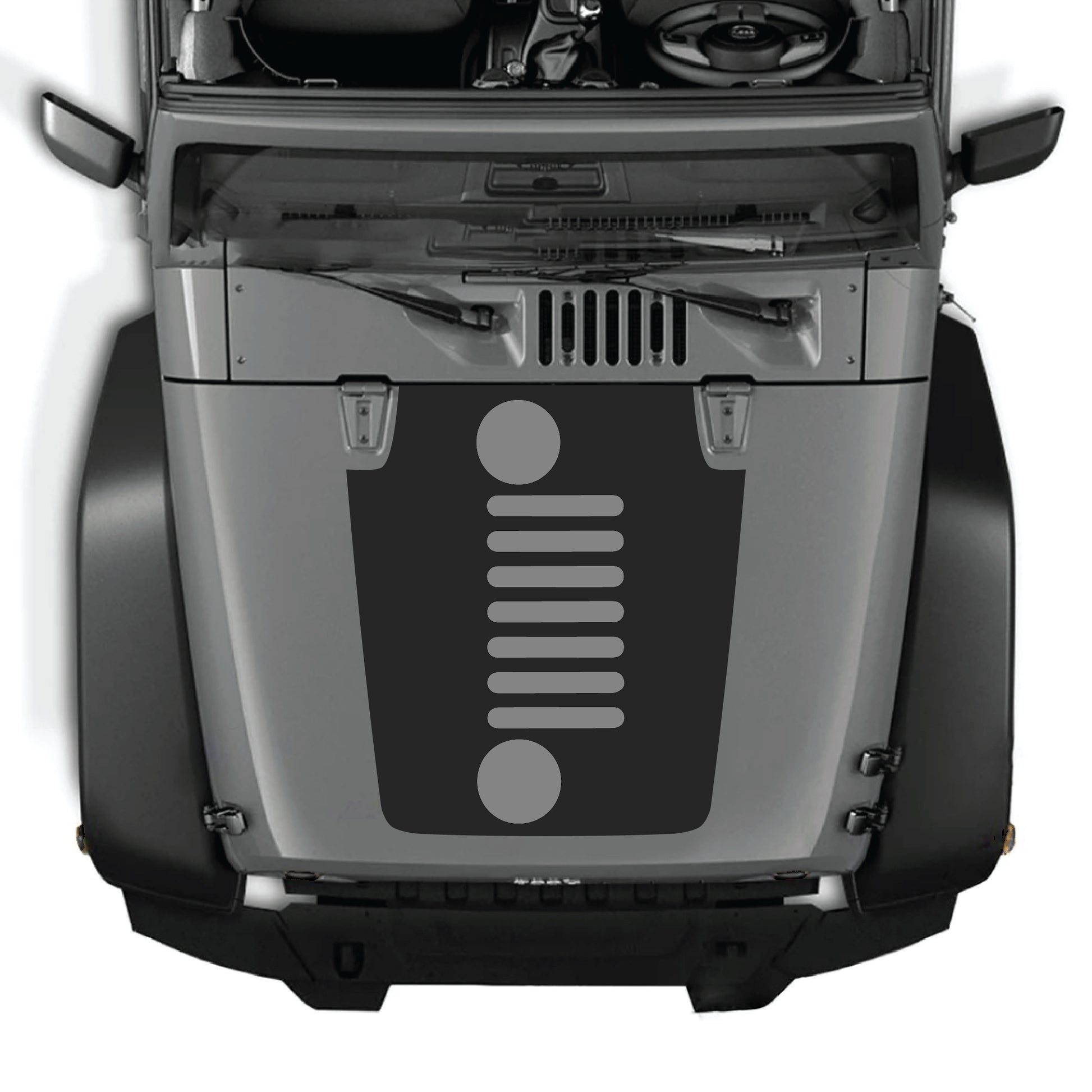 Vertical grill hood decal graphic kit for Jeep Wrangler JK JKU 2007-2018, made by CarCode, in premium vinyl with bold design.