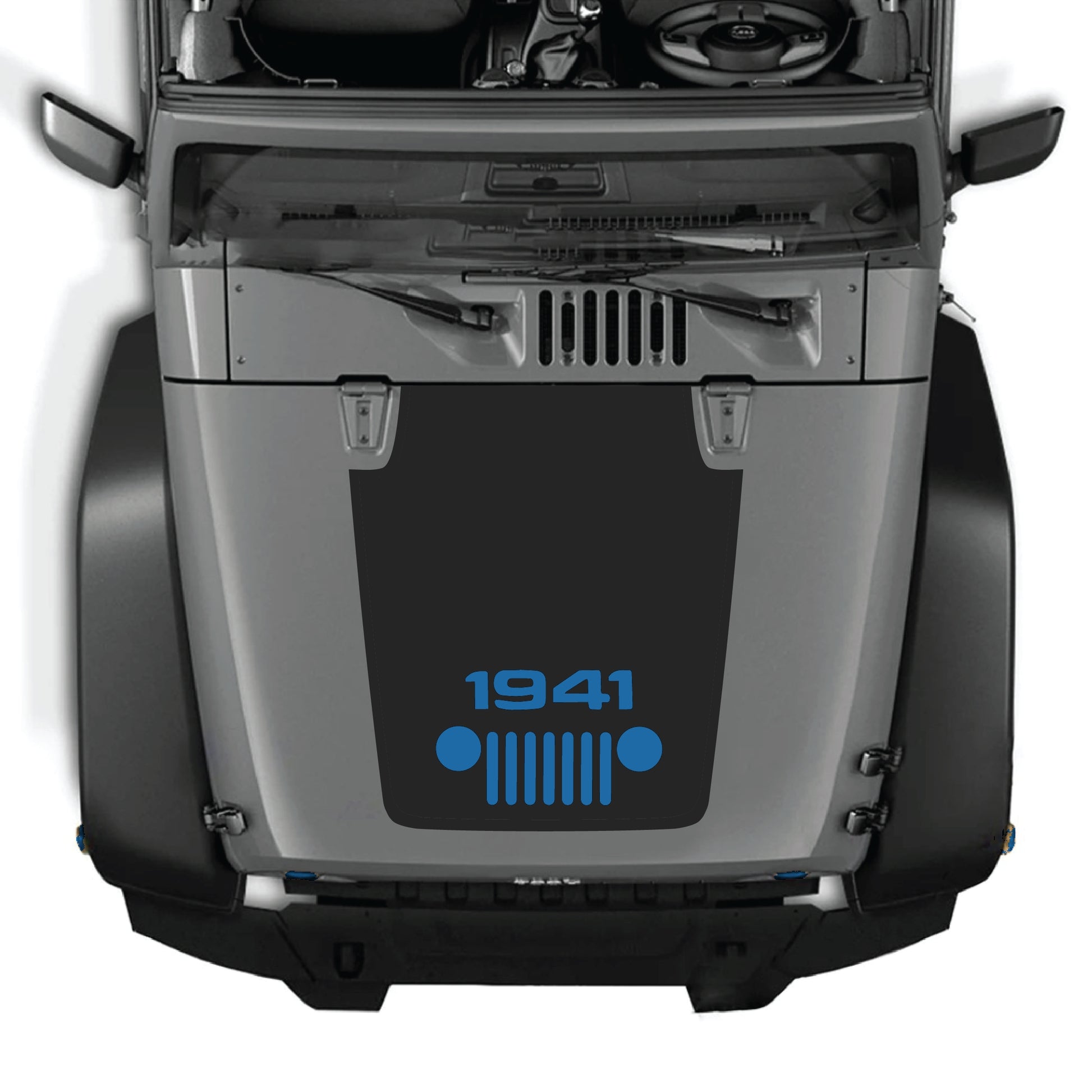 Jeep Wrangler JK hood decal with Center 1941 Grill graphic from CarCode, made of premium vinyl, applied on hood.