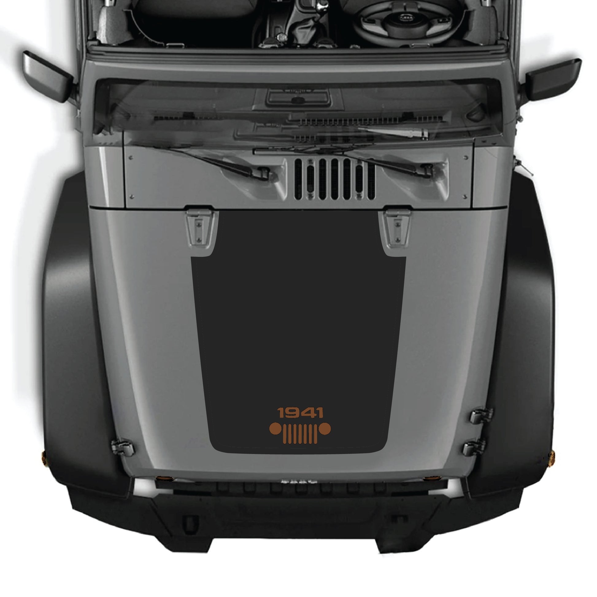 Jeep Wrangler JK hood decal with 1941 grill graphic kit in black premium vinyl, designed for 2007-2018 models.