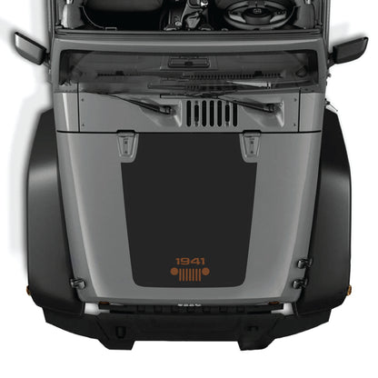 Jeep Wrangler JK hood decal with 1941 grill graphic kit in black premium vinyl, designed for 2007-2018 models.