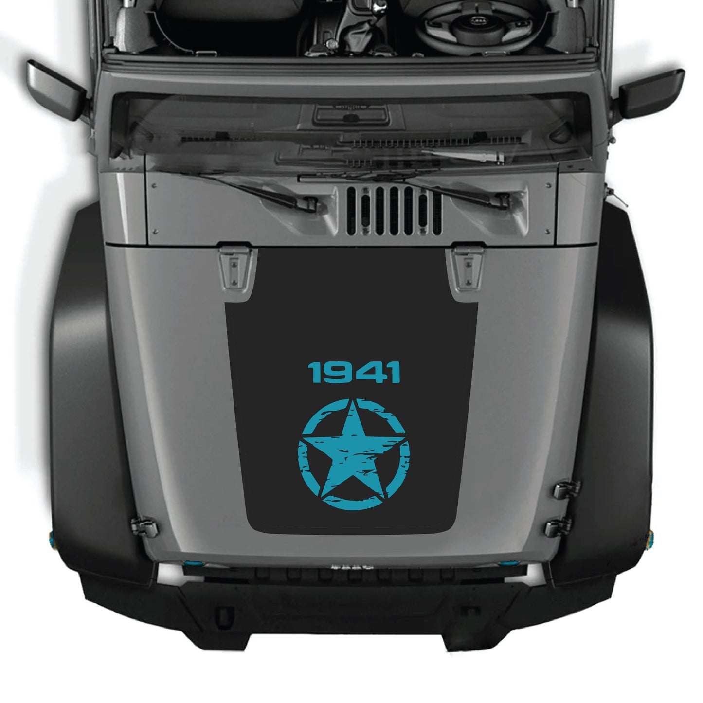 Jeep Wrangler JK hood decal with central star graphic, CarCode premium vinyl sticker for 2007-2018 models.