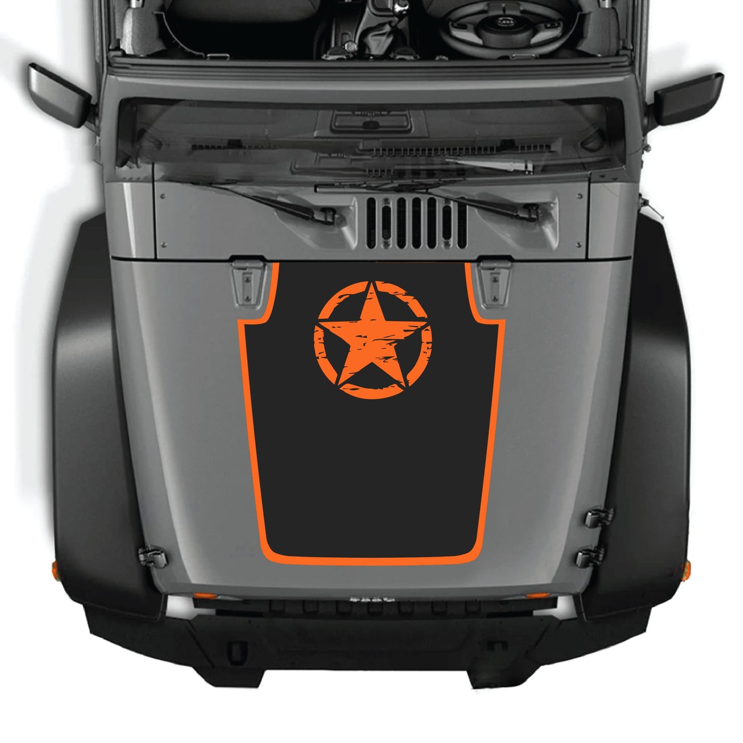 Jeep Wrangler JK hood decal featuring a top star with border graphic in black and white premium vinyl by CarCode.