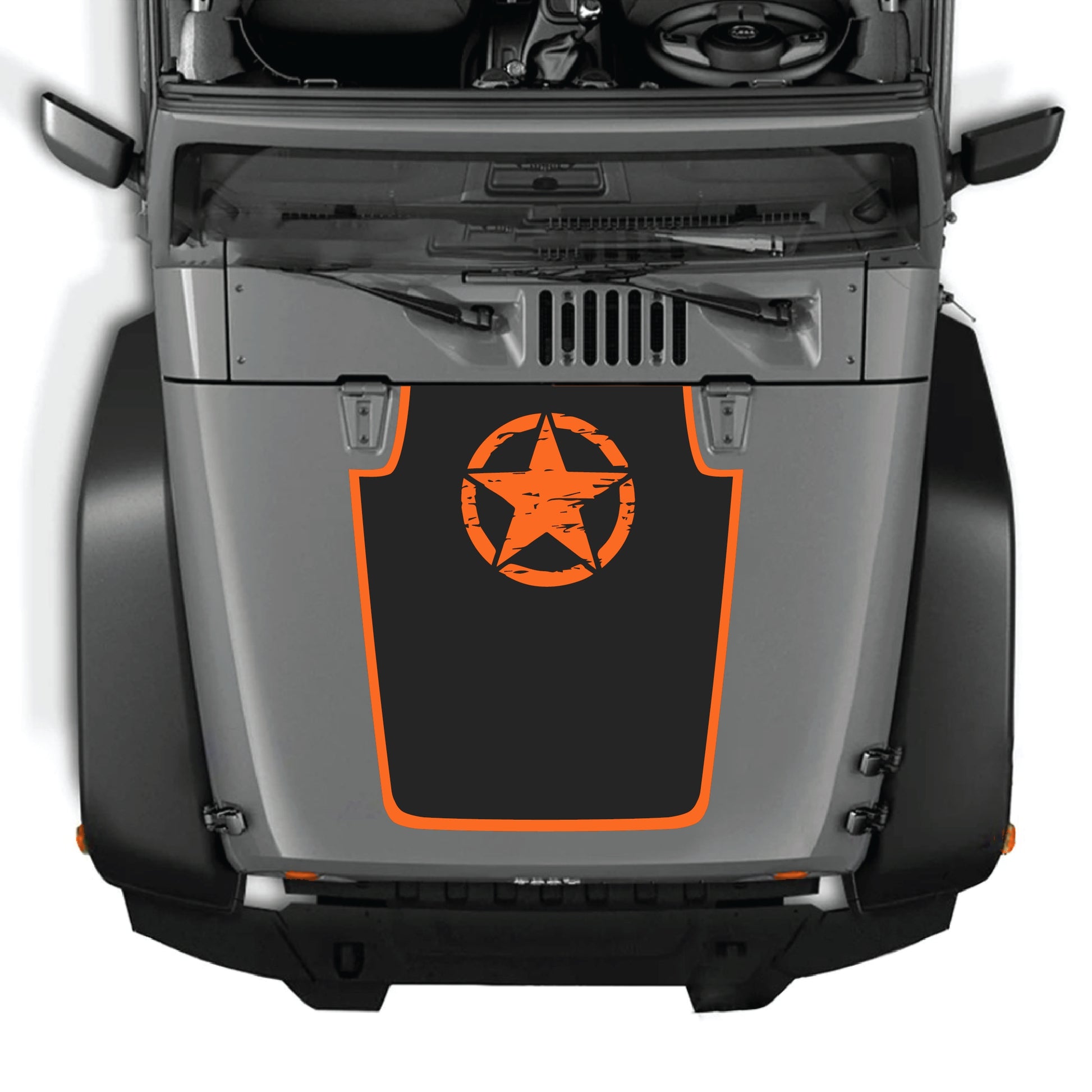 Jeep Wrangler JK hood decal featuring a top star with border graphic in black and white premium vinyl by CarCode.