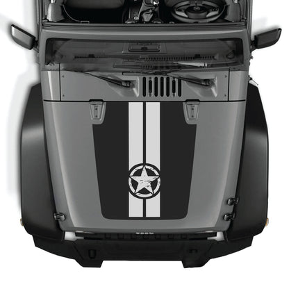 Jeep Wrangler JK hood decal with star and stripe graphics, premium vinyl CarCode sticker kit for 2007-2018 models.