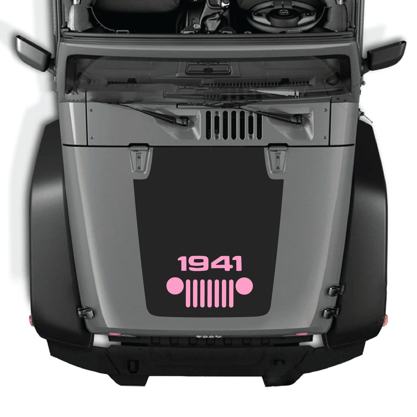 CarCode Jeep Wrangler JK hood decal with 1941 grill graphic, premium vinyl sticker for 2007-2018 models, center hood panel design.