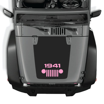 CarCode Jeep Wrangler JK hood decal with 1941 grill graphic, premium vinyl sticker for 2007-2018 models, center hood panel design.